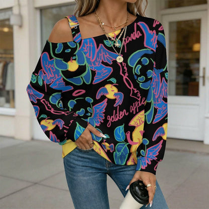 Off-the-shoulder Sweater Hand Drawn Panda  Asymmetric Cold Shoulder Knit Sweater for Women, Adjustable Buckle Strap Long Sleeve Casual Slouchy Pullover