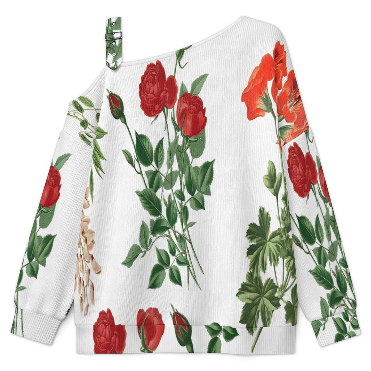 Off-the-shoulder Sweater Rose And Sophora  Asymmetric Cold Shoulder Knit Sweater for Women, Adjustable Buckle Strap Long Sleeve Casual Slouchy Pullover