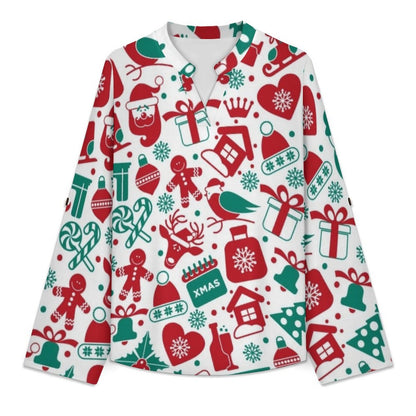 Stand-up Collar Long-sleeved Shirt Christmas Pattern  Customization Women’s V-Neck Blouses,long Sleeve,Roll-Up Sleeve Shirt
