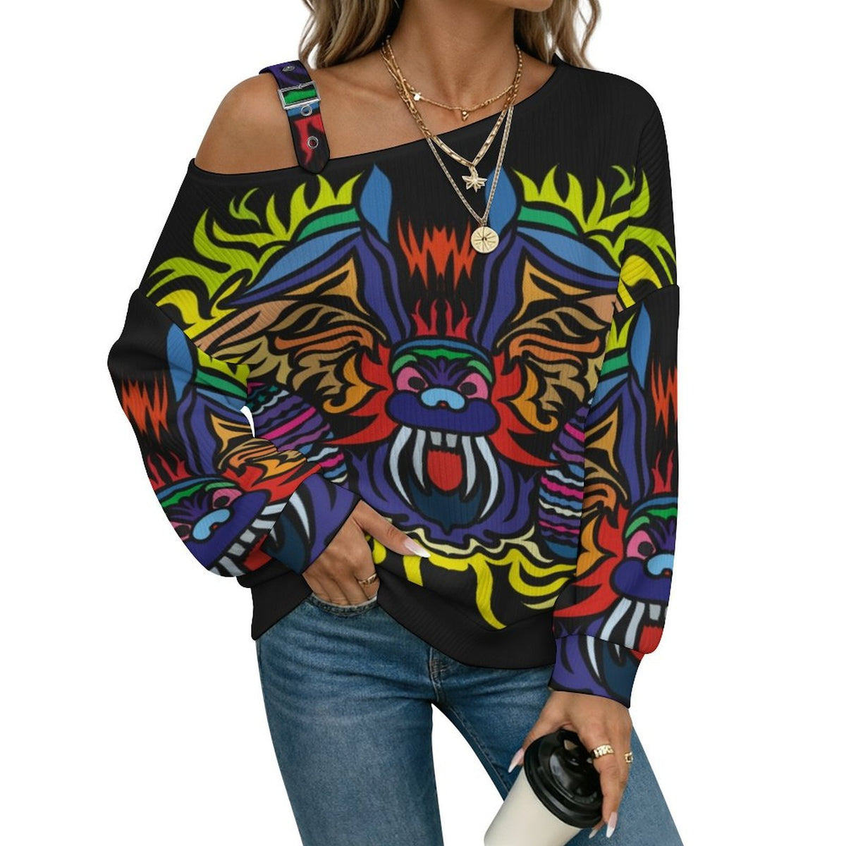 Off-the-shoulder Sweater Abstract Animal Pattern  Asymmetric Cold Shoulder Knit Sweater for Women, Adjustable Buckle Strap Long Sleeve Casual Slouchy Pullover