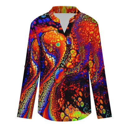 Stand-up Collar Long-sleeved Shirt Bubbles  Customization Women’s V-Neck Blouses,long Sleeve,Roll-Up Sleeve Shirt