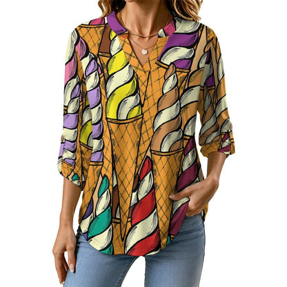 Stand-up Collar Long-sleeved Shirt Colorful Ice Cream Pattern  Customization Women’s V-Neck Blouses,long Sleeve,Roll-Up Sleeve Shirt
