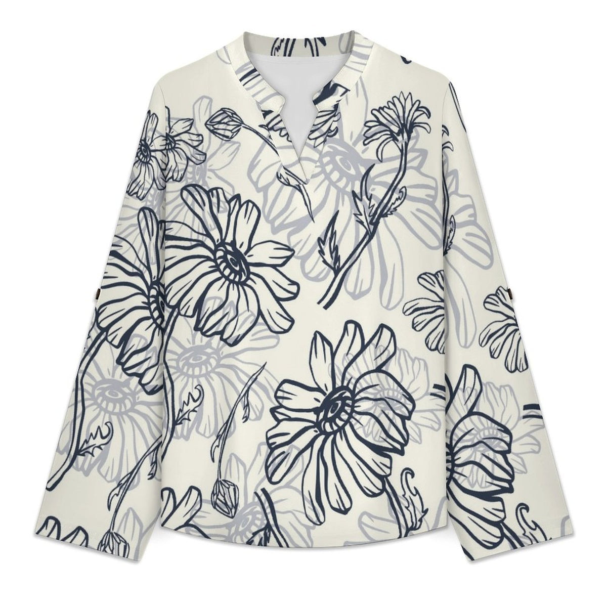 Stand-up Collar Long-sleeved Shirt Pattern, Ink  Customization Women’s V-Neck Blouses,long Sleeve,Roll-Up Sleeve Shirt