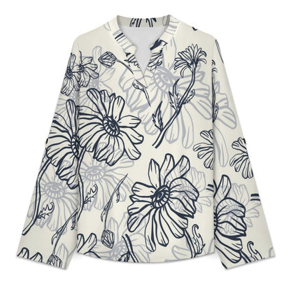 Stand-up Collar Long-sleeved Shirt Pattern, Ink  Customization Women’s V-Neck Blouses,long Sleeve,Roll-Up Sleeve Shirt