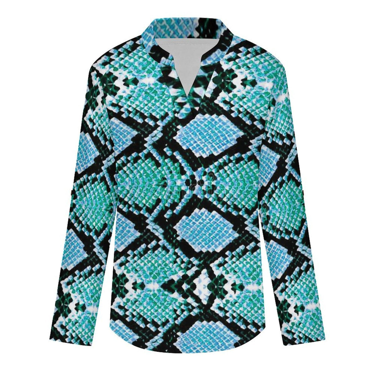 Stand-up Collar Long-sleeved Shirt Snake Skin  Customization Women’s V-Neck Blouses,long Sleeve,Roll-Up Sleeve Shirt