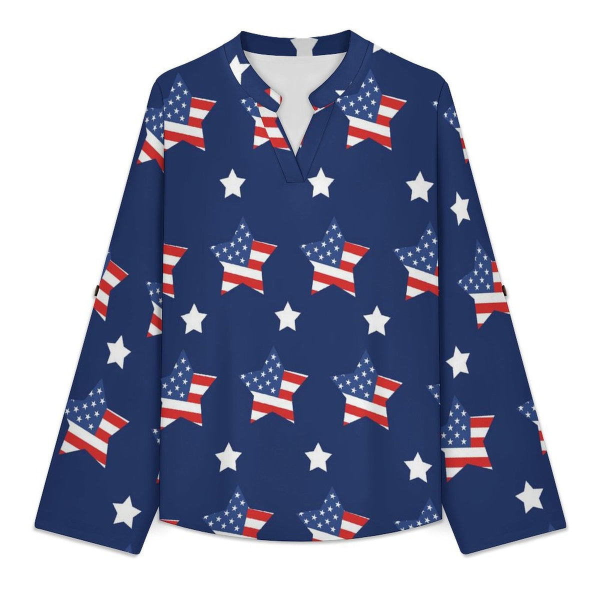 Stand-up Collar Long-sleeved Shirt American Flag Star  Customization Women’s V-Neck Blouses,long Sleeve,Roll-Up Sleeve Shirt