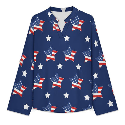 Stand-up Collar Long-sleeved Shirt American Flag Star  Customization Women’s V-Neck Blouses,long Sleeve,Roll-Up Sleeve Shirt