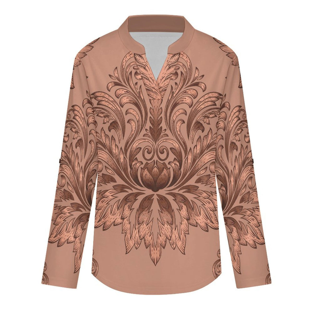 Red, Retro Pattern  Versatile Notched V-Neck Tunic | Roll Tab 3/4 Sleeve Office Casual Top