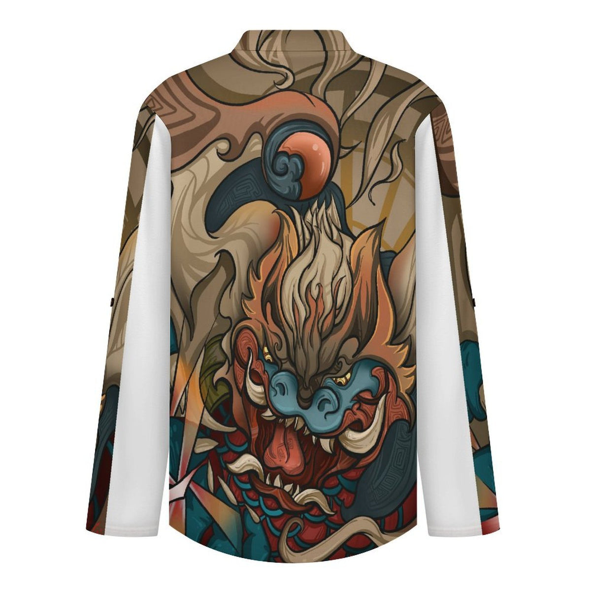Stand-up Collar Long-sleeved Shirt Chinese, Animation, Nian Beast  Customization Women’s V-Neck Blouses,long Sleeve,Roll-Up Sleeve Shirt
