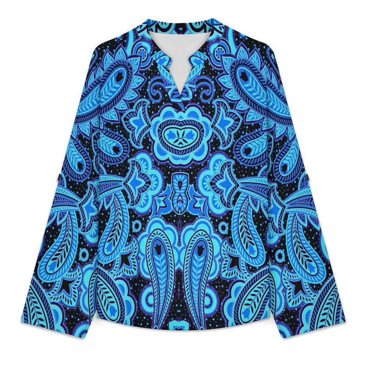Paisley  Versatile Notched V-Neck Tunic | Roll Tab 3/4 Sleeve Office Casual Top