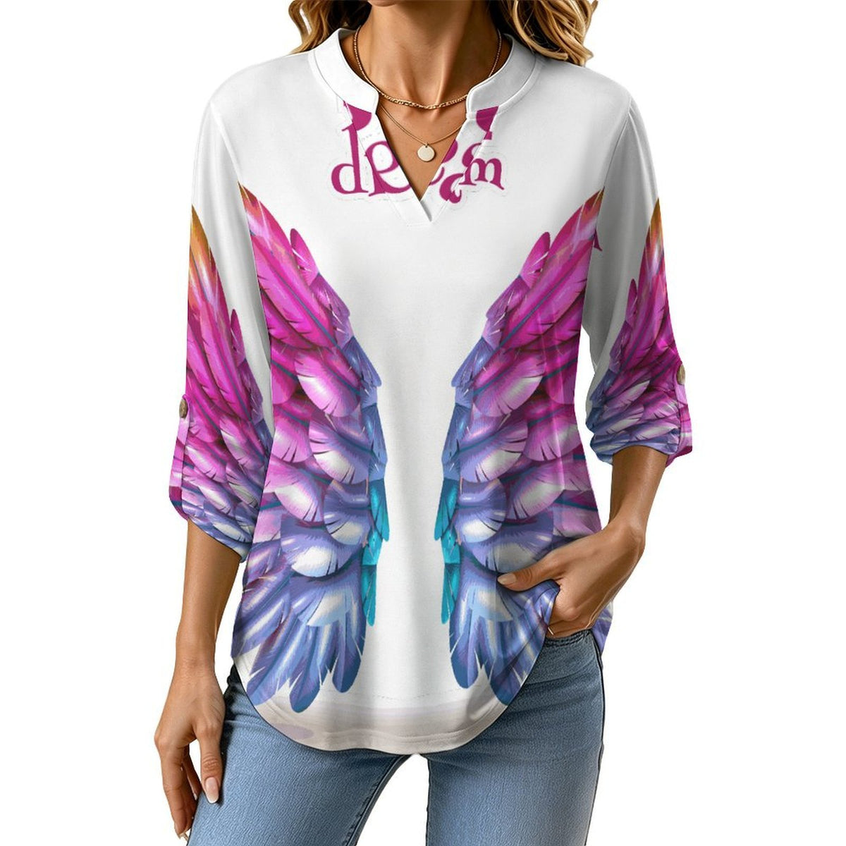 Stand-up Collar Long-sleeved Shirt Fly to Your Dream  Customization Women’s V-Neck Blouses,long Sleeve,Roll-Up Sleeve Shirt