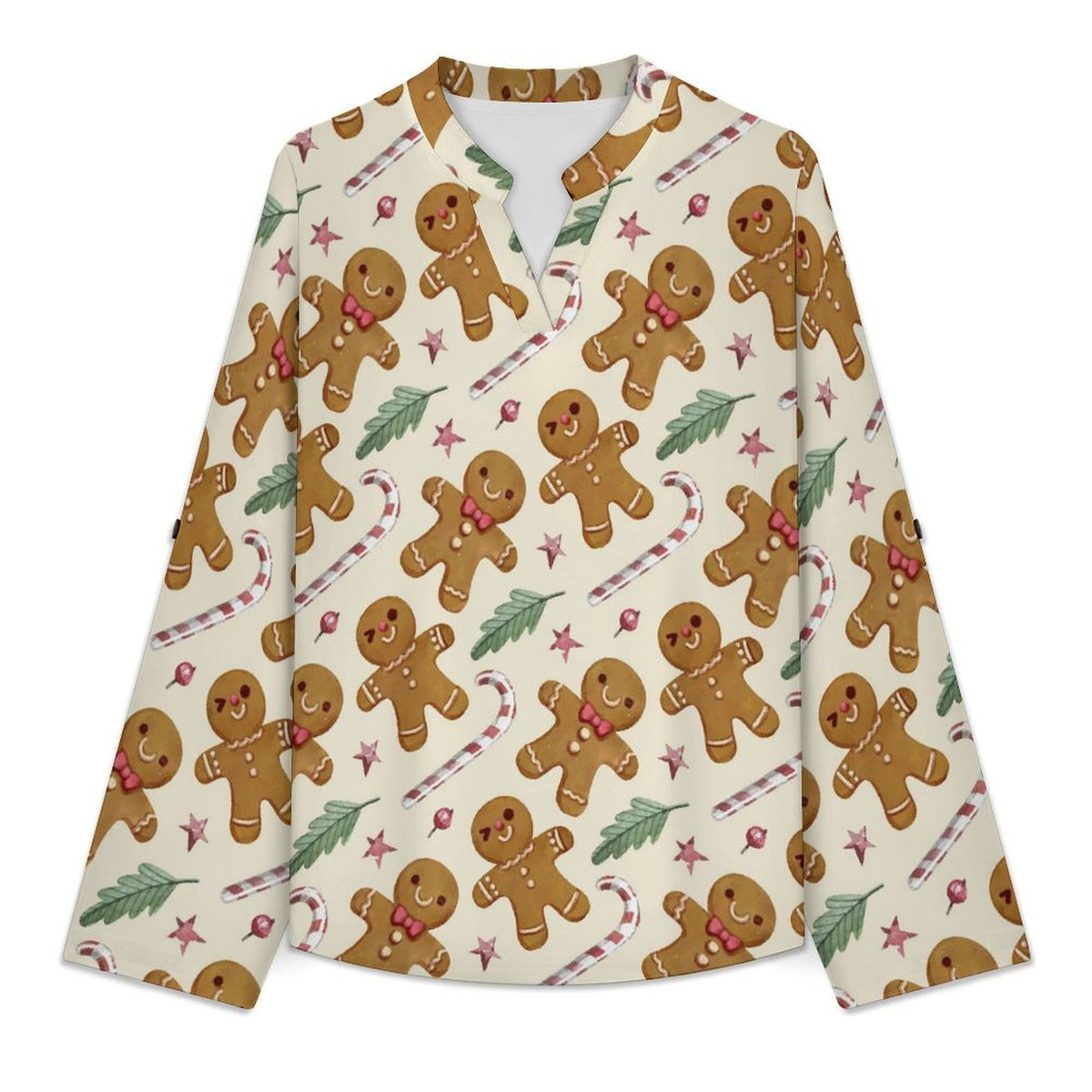 Stand-up Collar Long-sleeved Shirt Christmas Pattern