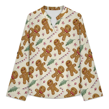 Stand-up Collar Long-sleeved Shirt Christmas Pattern
