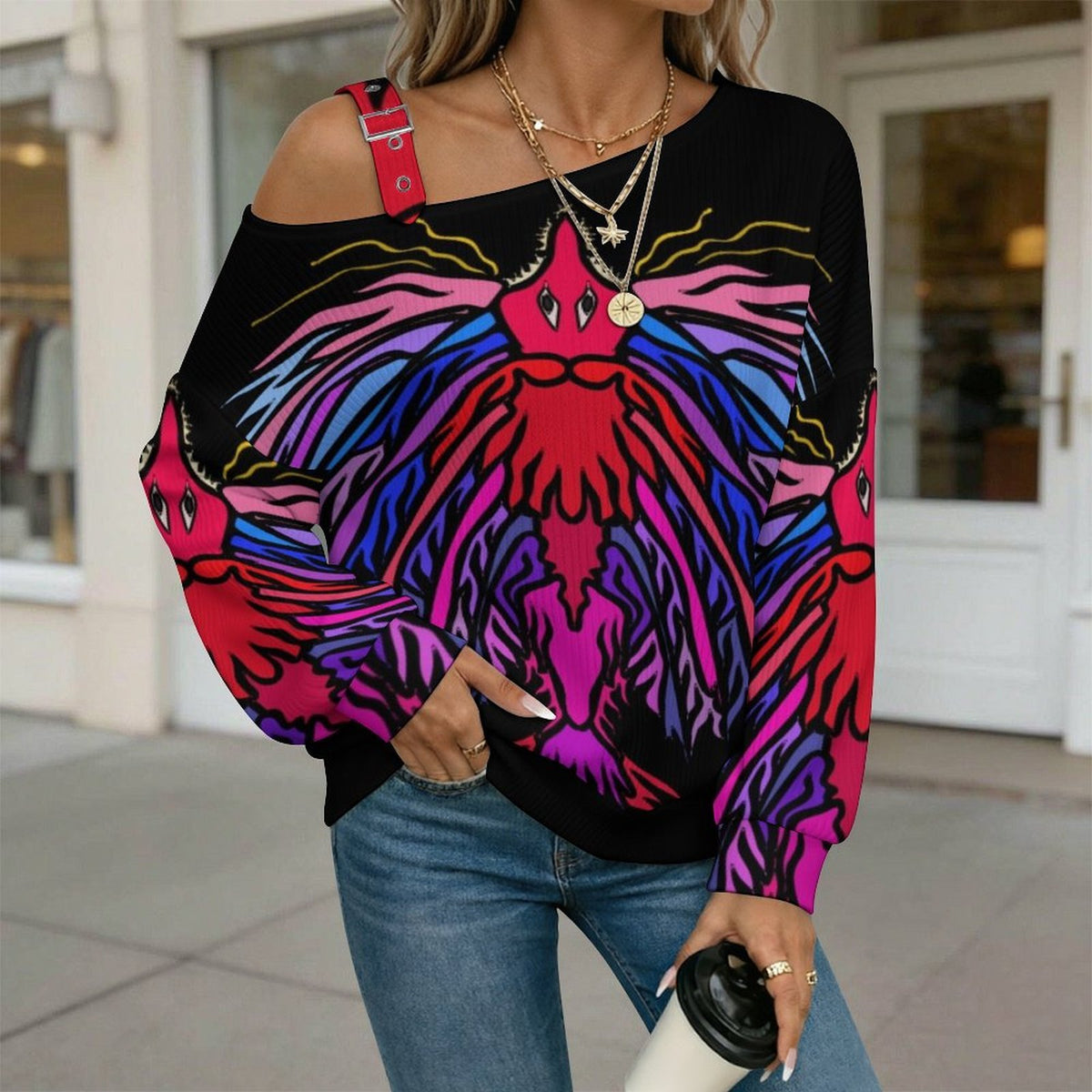 Off-the-shoulder Sweater Abstract Animal Pattern  Asymmetric Cold Shoulder Knit Sweater for Women, Adjustable Buckle Strap Long Sleeve Casual Slouchy Pullover