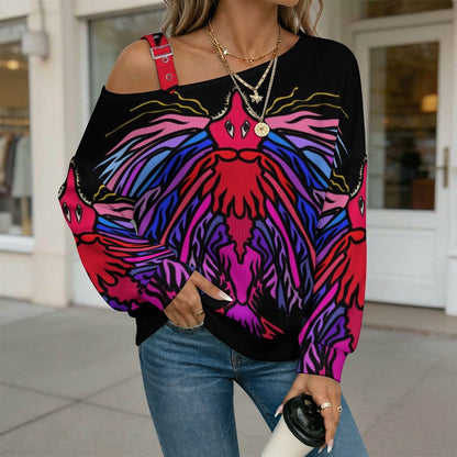 Off-the-shoulder Sweater Abstract Animal Pattern  Asymmetric Cold Shoulder Knit Sweater for Women, Adjustable Buckle Strap Long Sleeve Casual Slouchy Pullover