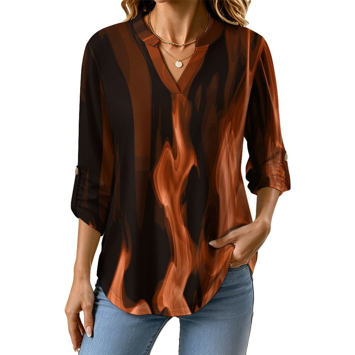 Stand-up Collar Long-sleeved Shirt Red Flame, Burning  Customization Women’s V-Neck Blouses,long Sleeve,Roll-Up Sleeve Shirt