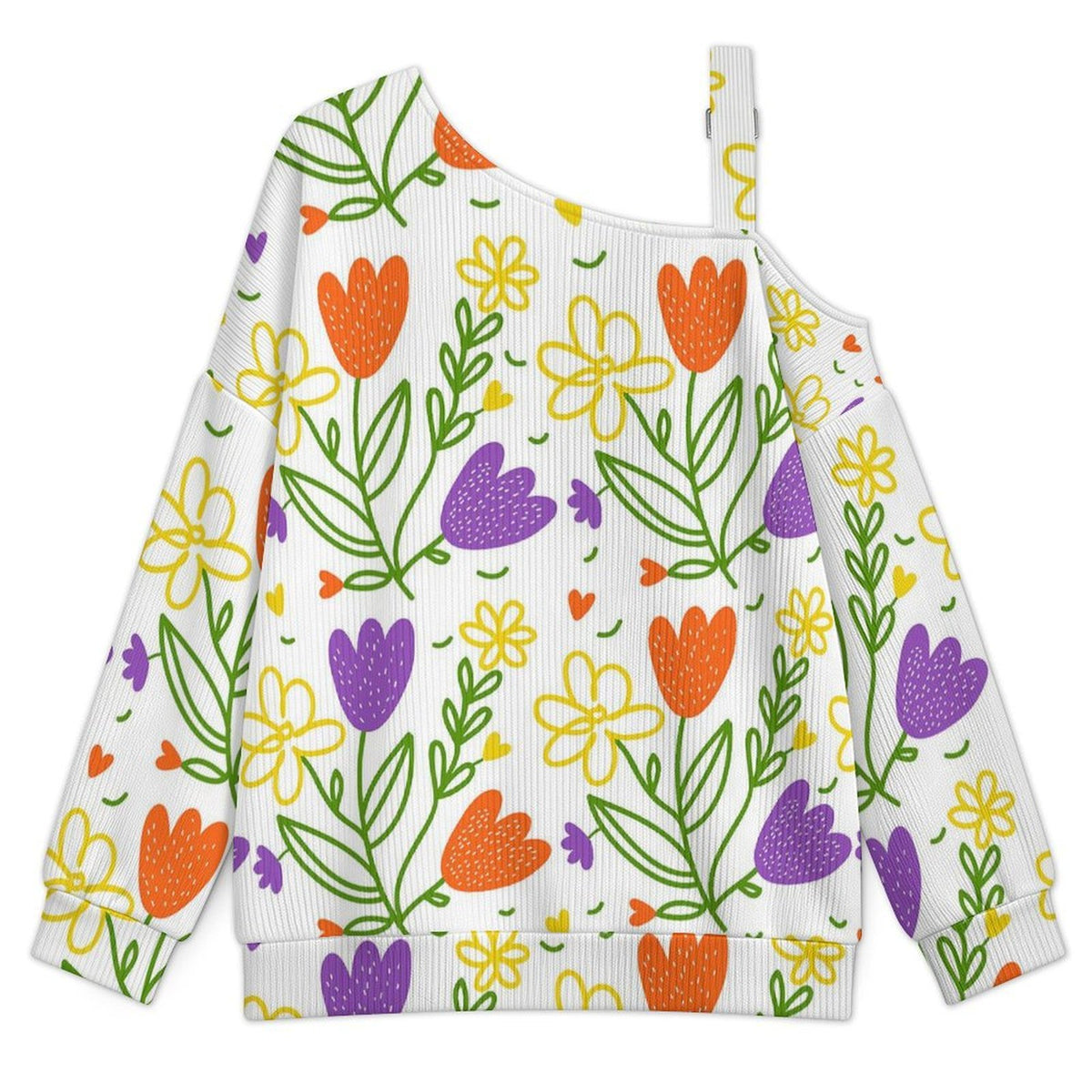 Off-the-shoulder Sweater Floral Pattern  Asymmetric Cold Shoulder Knit Sweater for Women, Adjustable Buckle Strap Long Sleeve Casual Slouchy Pullover