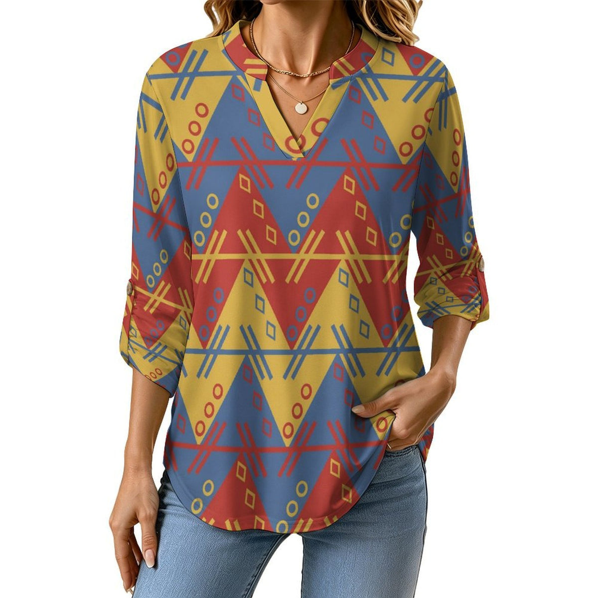 Wavy Grid  Women Curved Hem V Neck Roll Sleeve Casual Work Top