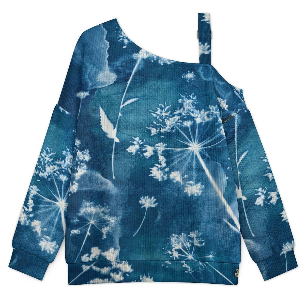 Off-the-shoulder Sweater Deep Sea, Dandelion, Blue  Asymmetric Cold Shoulder Knit Sweater for Women, Adjustable Buckle Strap Long Sleeve Casual Slouchy Pullover