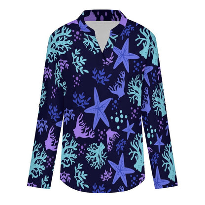 Stand-up Collar Long-sleeved Shirt Ocean Pattern  Customization Women’s V-Neck Blouses,long Sleeve,Roll-Up Sleeve Shirt