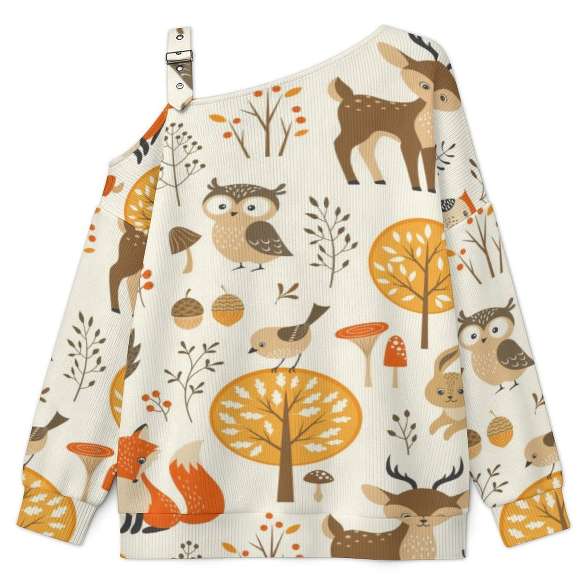 Off-the-shoulder Sweater Cartoon Animals  Asymmetric Cold Shoulder Knit Sweater for Women, Adjustable Buckle Strap Long Sleeve Casual Slouchy Pullover