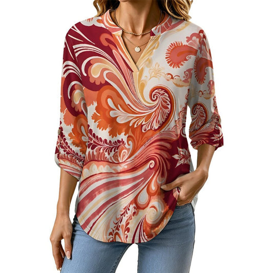Stand-up Collar Long-sleeved Shirt Tie Dye Stripes  Women’s V-Neck Blouses