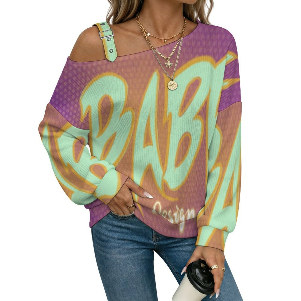 Off-the-shoulder Sweater Font Design-baby  Asymmetric Cold Shoulder Knit Sweater for Women, Adjustable Buckle Strap Long Sleeve Casual Slouchy Pullover