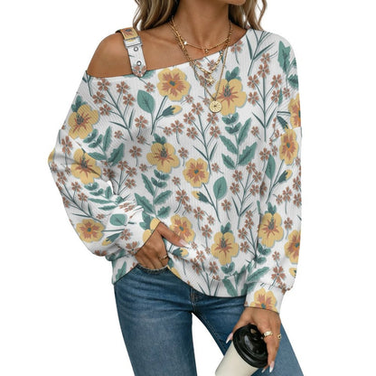 Off-the-shoulder Sweater Floral Pattern  Asymmetric Cold Shoulder Knit Sweater for Women, Adjustable Buckle Strap Long Sleeve Casual Slouchy Pullover