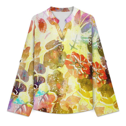 Stand-up Collar Long-sleeved Shirt Color Liquid Painting  Customization Women’s V-Neck Blouses,long Sleeve,Roll-Up Sleeve Shirt