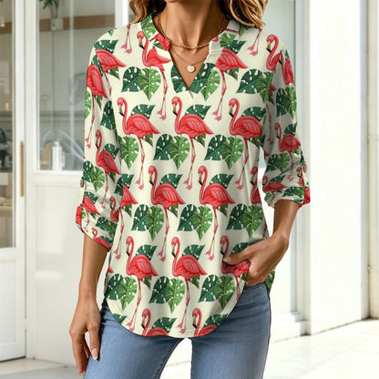 Stand-up Collar Long-sleeved Shirt Flamingo, Repeating Pattern  Customization Women’s V-Neck Blouses,long Sleeve,Roll-Up Sleeve Shirt