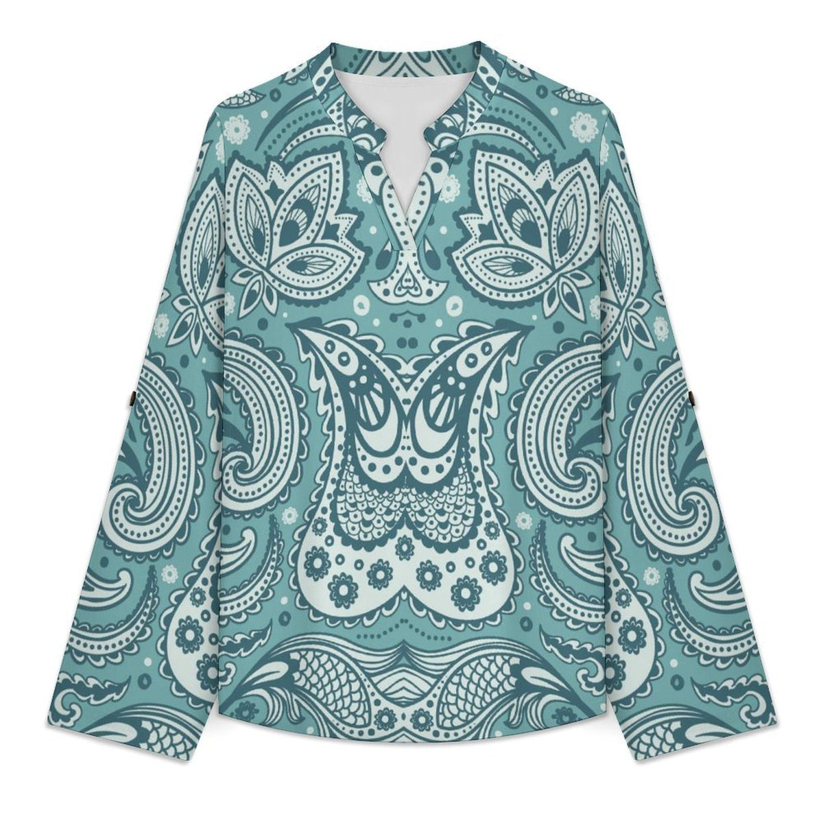 Stand-up Collar Long-sleeved Shirt Paisley  Customization Women’s V-Neck Blouses,long Sleeve,Roll-Up Sleeve Shirt
