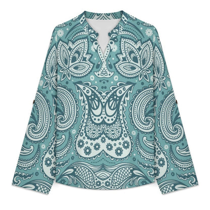 Stand-up Collar Long-sleeved Shirt Paisley  Customization Women’s V-Neck Blouses,long Sleeve,Roll-Up Sleeve Shirt