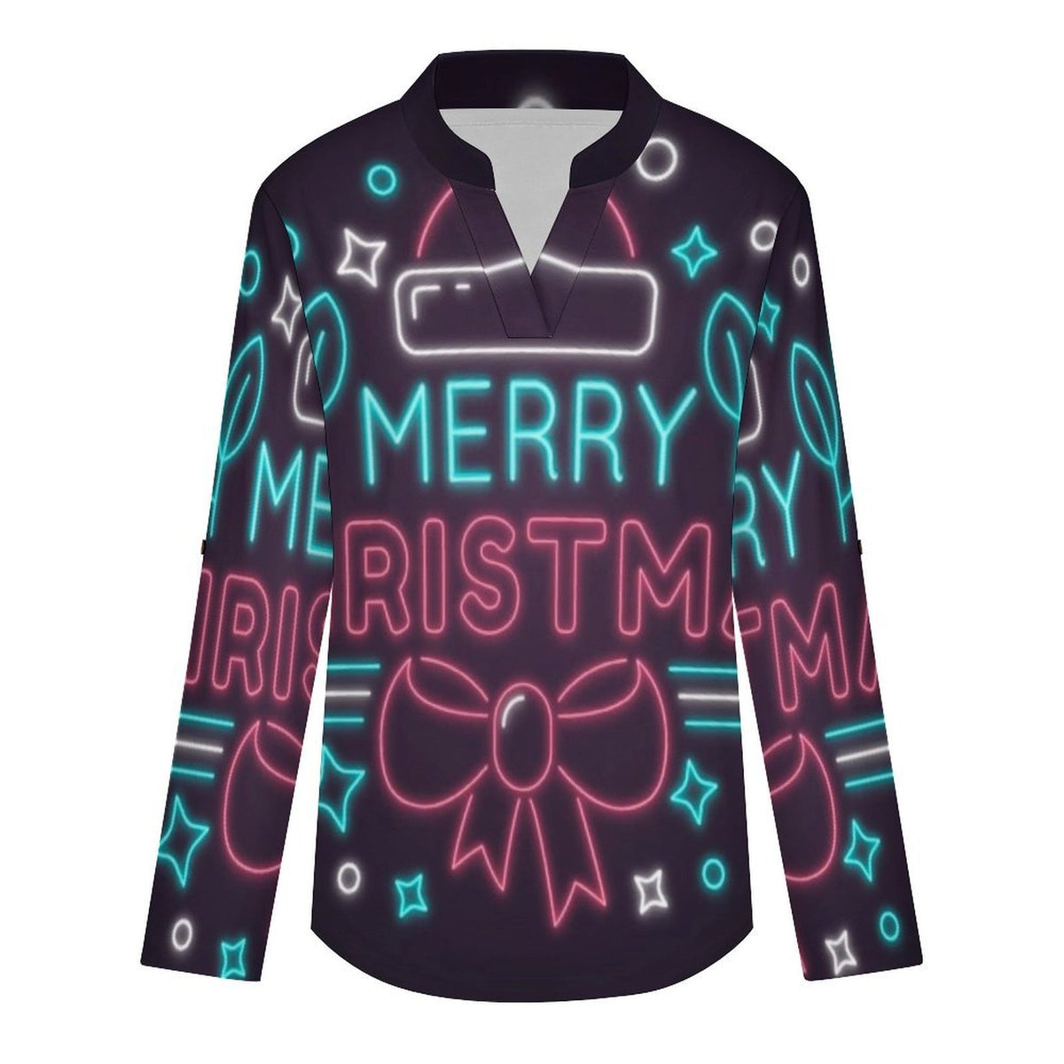Stand-up Collar Long-sleeved Shirt Merry Christmas  Customization Women’s V-Neck Blouses,long Sleeve,Roll-Up Sleeve Shirt