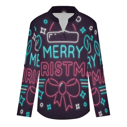 Stand-up Collar Long-sleeved Shirt Merry Christmas  Customization Women’s V-Neck Blouses,long Sleeve,Roll-Up Sleeve Shirt