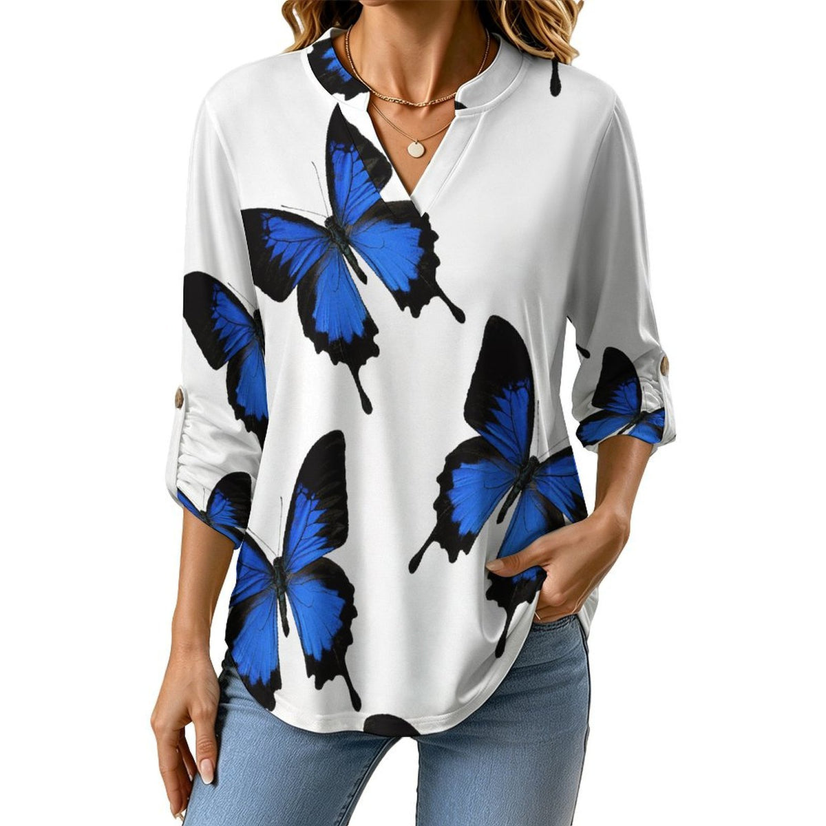 Stand-up Collar Long-sleeved Shirt The Butterfly Repeat  Customization Women’s V-Neck Blouses,long Sleeve,Roll-Up Sleeve Shirt