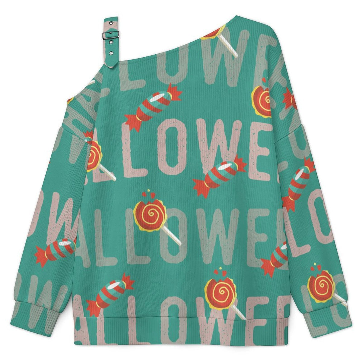 Fall Casual Asymmetric Shoulder Knit Top with Buckle Detail Halloween Candy, Sweetheart, Snacks