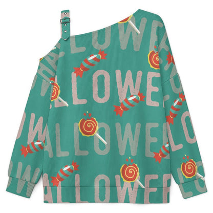 Fall Casual Asymmetric Shoulder Knit Top with Buckle Detail Halloween Candy, Sweetheart, Snacks