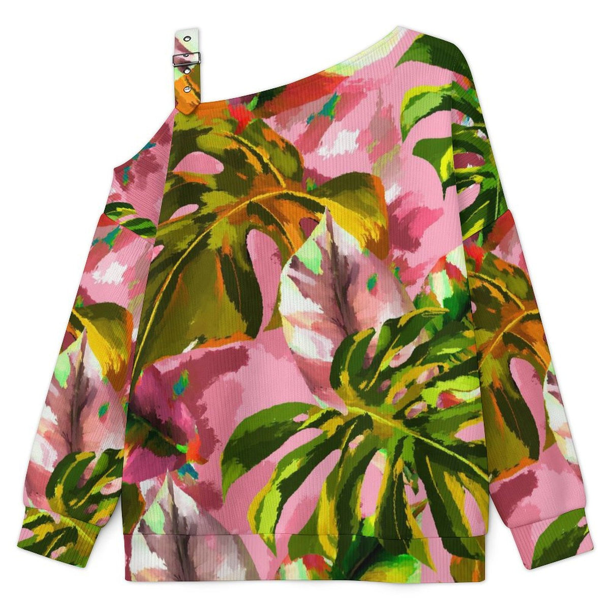 Pink, Green Marijuana Leaves Buckle Strap Asymmetrical Off Shoulder Knit Sweater