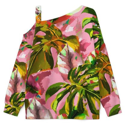 Pink, Green Marijuana Leaves Buckle Strap Asymmetrical Off Shoulder Knit Sweater