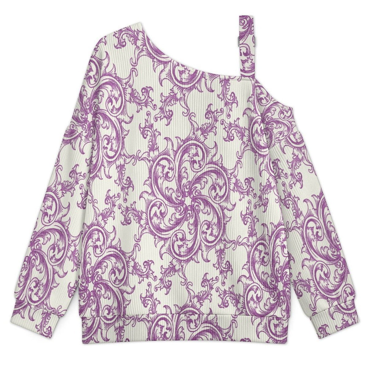 Fall Casual Asymmetric Shoulder Knit Top with Buckle Detail Purple Retro Pattern