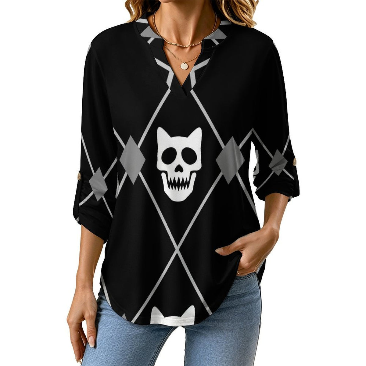 Rhombus Plaid Skull Black And White Roll Tab 3/4 Sleeve Notched V Neck Tunic Blouse