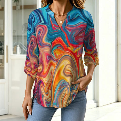 Stand-up Collar Long-sleeved Shirt Flowing Sci-fi Liquid Dazzle white S Women’s V-Neck Blouses