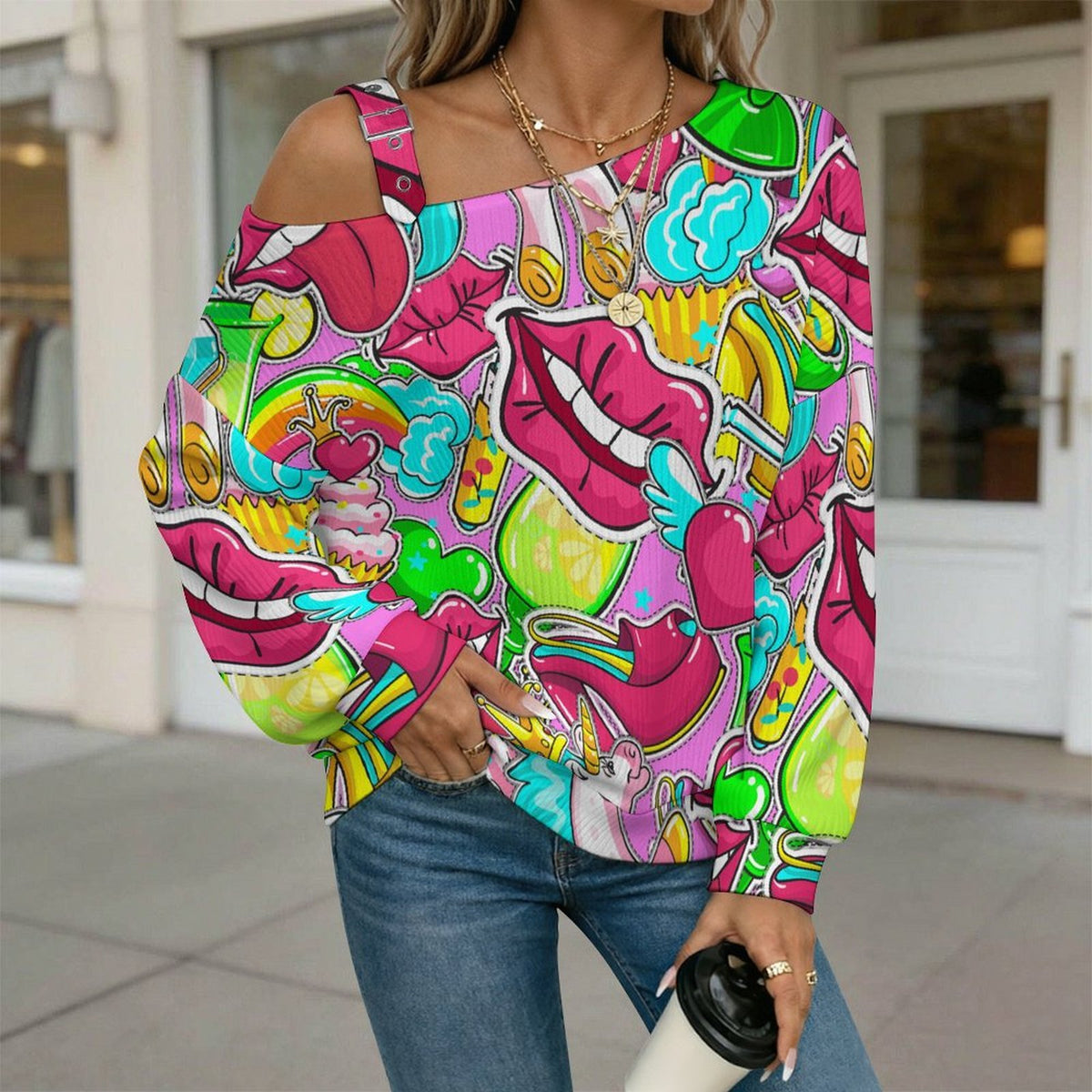 Fall Casual Asymmetric Shoulder Knit Top with Buckle Detail Color, Lips, Horse, Pop