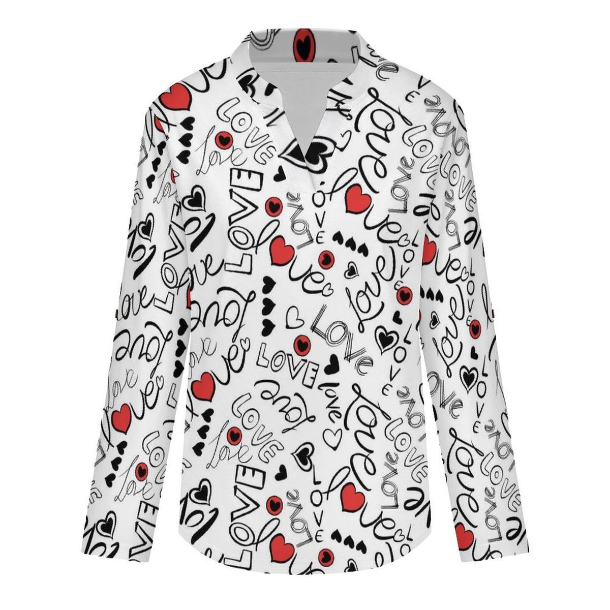 Women Curved Hem V Neck Roll Sleeve Casual Work Top  Love