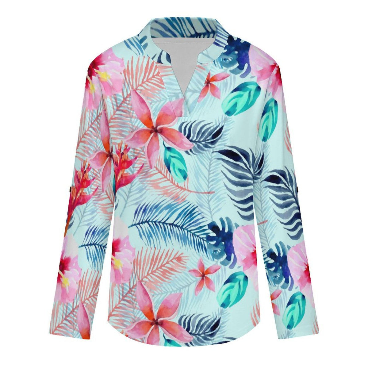 Marijuana Leaves, Flowers  Versatile Notched V-Neck Tunic | Roll Tab 3/4 Sleeve Office Casual Top