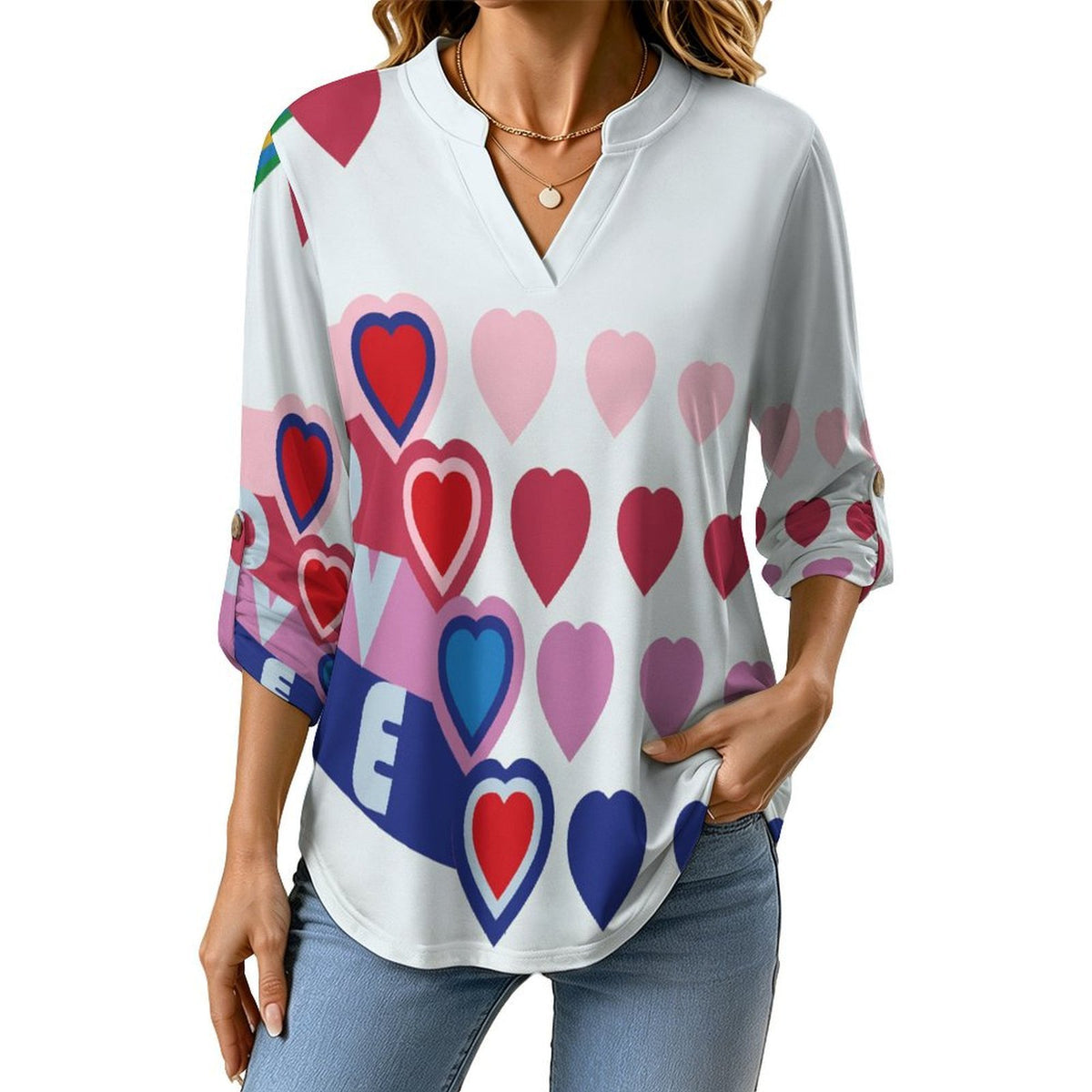 Women's Notched V Neck Tunic Tops, Roll Up 3/4 Sleeve Button Cuff Casual Blouse, Hem Loose Work Shirts  Love, Color Heart
