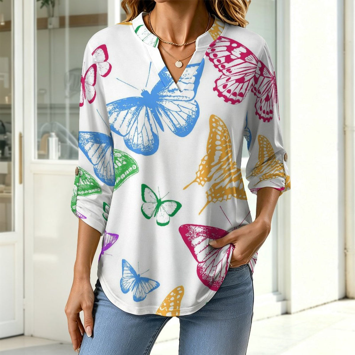 Versatile Notched V-Neck Tunic | Roll Tab 3/4 Sleeve Office Casual Top  Colorful Butterflies