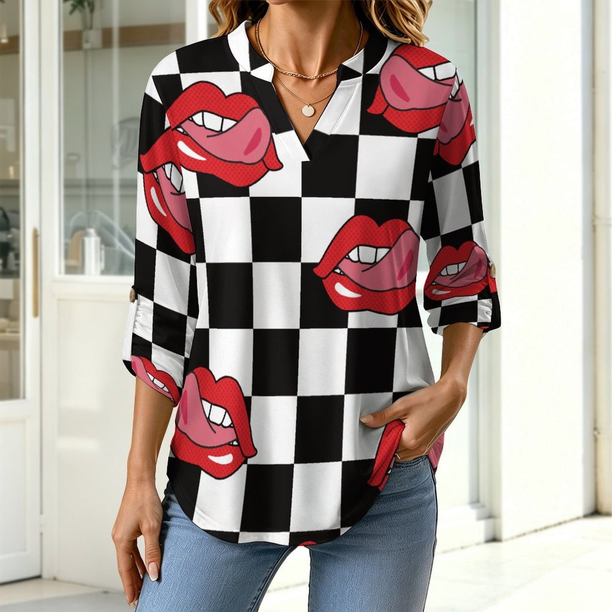 Roll Tab 3/4 Sleeve Notched V Neck Tunic Blouse  Pop Style Red Lips Repeat Pattern Black And White Checkered