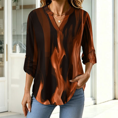 Red Flame, Burning  Women Curved Hem V Neck Roll Sleeve Casual Work Top