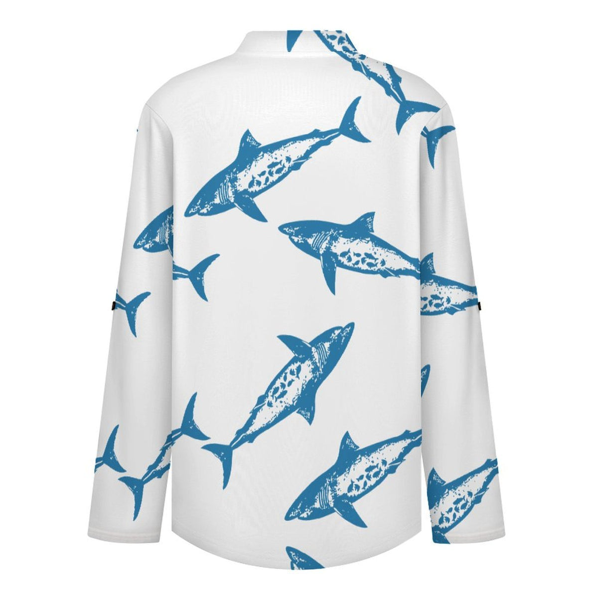 Shark Repeat Pattern  Versatile Notched V-Neck Tunic | Roll Tab 3/4 Sleeve Office Casual Top